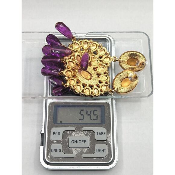 Kenneth Jay Lane KJL Couture Chandelier Statement Runway Purple Gold Earrings - Picture 9 of 9
